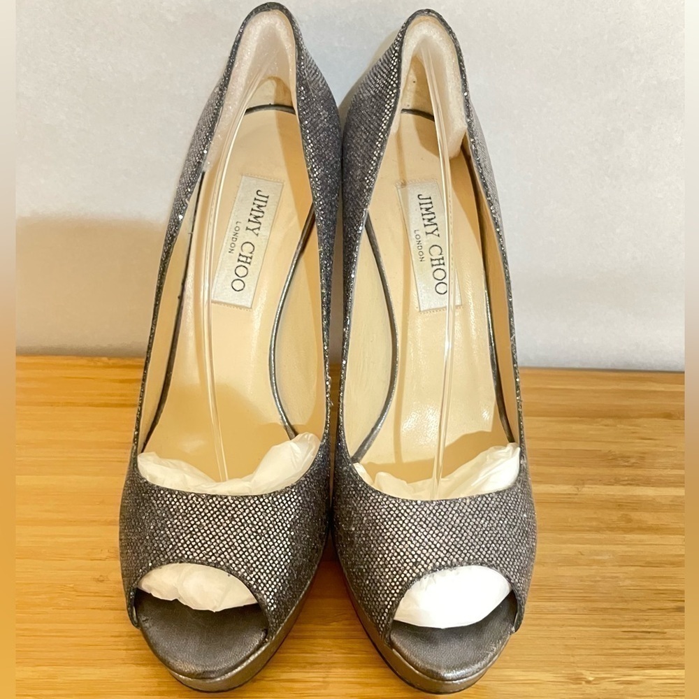 Jimmy Choo Dhalia stilleto pumps 120mm 3/4” platform Silver grey glitter EU38.5 - Picture 10 of 10